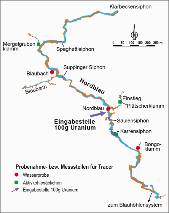 Hessenhauhöhle: Eingabe- und Probenahmestellen Vereinfachte Übersichtskarte des Verlaufs des Höhlenbaches in der Hessenhauhöhle (Nord-Blau) mit Eingabe- und Probenahmestellen für Tracer.