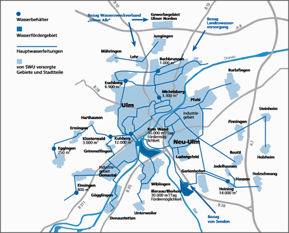 Trinkwasserversorgungsnetz der Stadt Ulm (Stadtwerke Ulm, 2023) Farbige Übersichtskarte der Stadt Ulm, mit eingezeichnetem Trinkwasserversorgungsnetz.