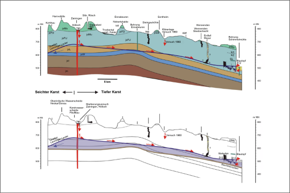Geologisch-hydrogeologischer Längsschnitt von der Tracereingabestelle Zainingen (Hölloch) zum Blauhöhlensystem (Lauber et al., 2013a) Zwei geologisch-hydrogeologische Längsschnitte von der Tracereingabestelle Zainingen zum Blauhöhlensystem. Oben mehrfarbig ausgefüllt, unten mit Hervorhebung der Fließrichtung von links (Zainingen, Hölloch) bis rechts zum Blauhöhlensystem.