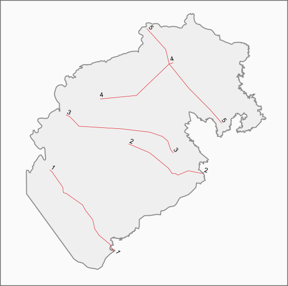 Verlauf der Hydrogeologischen Schnitte (Grafik: HGK, 2002) Blick auf eine vereinfachte Übersichtskarte der Hydrogeologischen Region Ostalb. Eingetragen sind auf der Karte die Verläufe von fünf Schnittzeichnungen.
