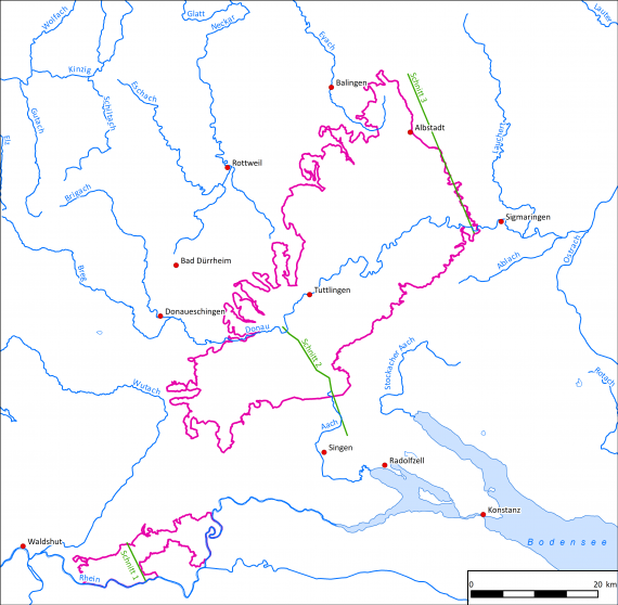 Blick auf eine vereinfachte Übersichtskarte der Hydrogeologischen Region Westalb, Hegaualb und Südlicher Klettgau. Eingetragen sind auf der Karte die Verläufe von drei Schnittzeichnungen.