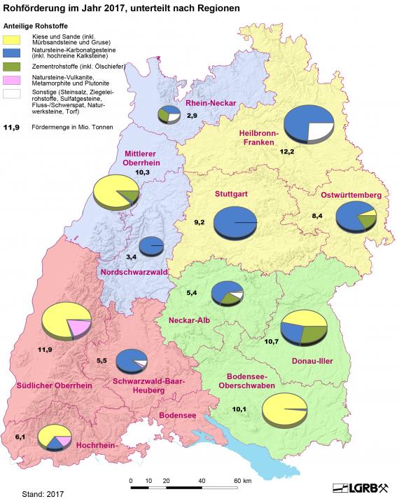 Übersichtskarte von Baden-Württemberg mit den Fördermengen von Rohstoffen (in Tonnen) in den einzelnen Regionen, dargestellt jeweils als farbiges Tortendiagramm.