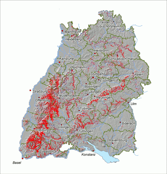 Ingenieurgeologische Gefahrenhinweiskarte von Baden-Württemberg mit Gefahrenhinweisflächen der potenziellen Ausbruchgebiete für die Sturzprozesse „Steinschlag/Felssturz“ (rot) Übersichtskarte von Baden-Württemberg mit modellierter, grauer Oberfläche. Mögliche Gefahrengebiete für Felsstürze und Steinschläge sind in der Karte rot markiert.