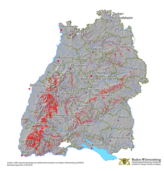 Ingenieurgeologische Gefahrenhinweiskarte von Baden-Württemberg mit Gefahrenhinweisflächen der potenziellen Ausbruchgebiete für die Sturzprozesse „Steinschlag/Felssturz“ (rot) Übersichtskarte von Baden-Württemberg mit modellierter, grauer Oberfläche. Mögliche Gefahrengebiete für Felsstürze und Steinschläge sind in der Karte rot markiert.