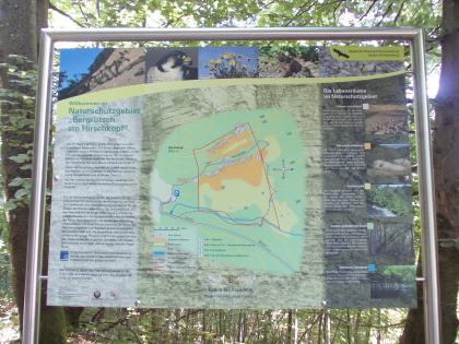 Das Bild zeigt eine große Schautafel mit Texten und Bildern rund um das Naturschutzgebiet „Bergrutsch am Hirschkopf“ bei Mössingen.