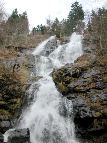 Von einer bewaldeten Felskante im oberen Bildteil stürzt sich ein Wasserfall mit schäumender Gischt über mehrere dunkelgraue, sowohl breite als auch enge Felsstufen bis zum unteren Bildrand.