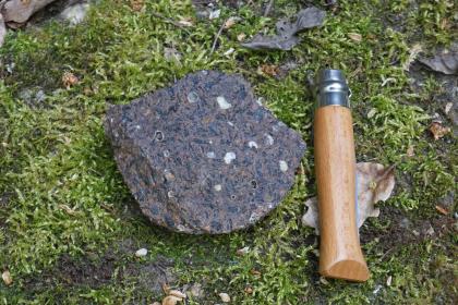Nahaufnahme eines Gesteinsstückes, bläulich mit weißen Sprenkeln. Der Stein liegt auf moosartigem Untergrund, rechts daneben dient ein Werkzeuggriff als Größenvergleich.
