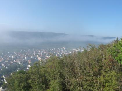Weiter Blick über nach links abfallende Baumwipfel in ein besiedeltes Tal sowie auf teilweise von Frühnebel verhüllte Höhenzüge.