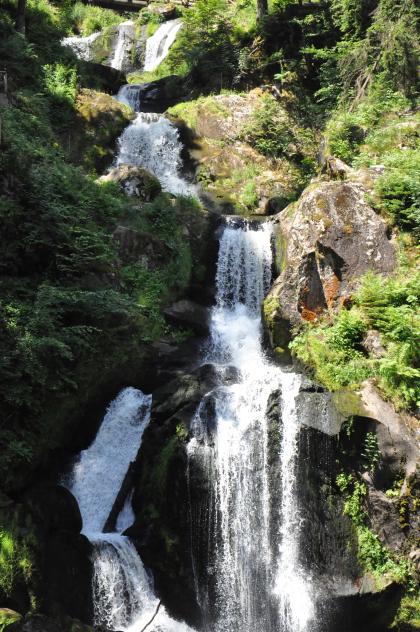 Schönes Bild eines mehrstufigen, über große Felsblöcke stürzenden Wasserfalles. Links gibt Wald Schatten, rechts ist ein steiler, bewachsener Hang erkennbar.