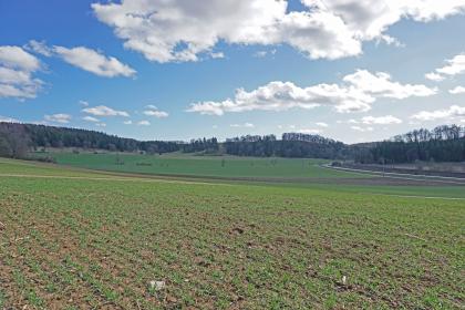 Blick auf leicht nach rechts abfallendes Ackerland im Vordergrund. Dahinter folgen weitere, eine Mulde bildende Äcker und Wiesen. An den wieder aufsteigenden Rändern und zum Hintergrund hin stehen Waldflächen.