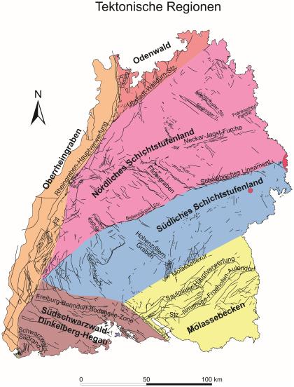 Die Grafik zeigt Tektonische Regionen in Baden-Württemberg, dargestellt in unterschiedlichen Farben.