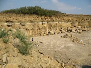 Ansicht einer länglichen Steinbruchwand mit großen gelblichen Quadern unten und kleineren Schichten darüber.