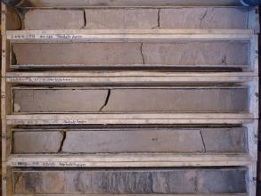 Blick auf fünf längliche Holzkästen, in denen bräunlich graues, im unteren Kasten marmoriertes Gesteinsmaterial ausgestellt ist. Das Gestein stammt aus einer Forschungsbohrung bei Herbolzheim.