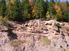 Ausschnitt aus einer Steinbruchwand mit bewaldeter Kuppe und rötlich grauem, im oberen Teil waagrecht gebanktem Fels.