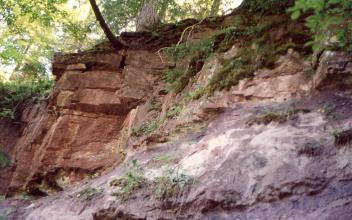 Blick auf eine bewaldete Felsböschung mit markantem, rötlichem Gestein links und violettgrauen Bereichen rechts unten.