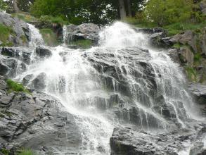 Das Bild zeigt einen breiten Wasserfall, der mehrere kantige, graue Felsstufen mit weißer Gischt überspült. Am oberen Bildrand sind Bäume und Sträucher erkennbar.