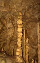 Blick in das Innere einer Höhle mit einem säulenartigen, vom Boden zur Decke wachsenden Tropfstein. Rechts sind weitere dünne Felsnadeln zu sehen, alle von brauner Farbe. Dahinter befindet sich eine Höhlenwand.