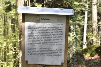 Blick auf eine mit Blech überdachte Holztafel. Die Tafel enthält Wissenswertes zum Spitzfelsen, der aus Porphyr besteht. Die Tafel befindet sich vor einem Wald.