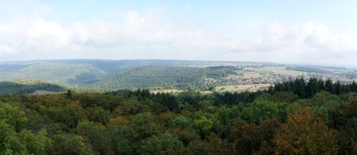 Vom Aussichtsturm des Katzenbuckels geht der Blick über ausgedehnte Waldflächen zu einer hügeligen Landschaft mit Feldern, Wiesen und bewaldeten Bergen. Ganz rechts ist zudem eine Siedlung erkennbar.