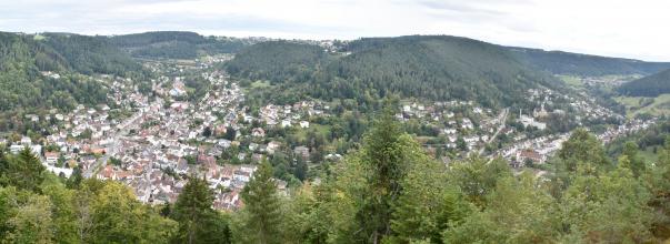 Weiter Blick von erhöhtem Standort auf eine mit bewaldeten Bergen durchsetzte Landschaft. Links und rechts verteilen sich Siedlungen an den unteren Berghängen. Im Hintergrund sind Taleinschnitte zu erkennen.