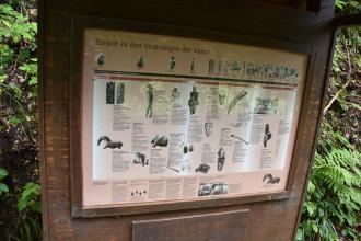 Blick auf eine Informationstafel mit Texten und Bildern zur Kunstgeschichte während der Steinzeit. Die verglaste und in Holz eingelassene Tafel steht am Rulamanweg in Bad Urach.