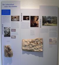 Das Foto zeigt eine farbige Schautafel mit Informationen, Bildern und Fundstücken zum Lebenslauf einer Karsthöhle.