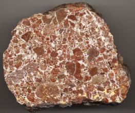 Großaufnahme eines quadratischen, teils gerundeten Gesteinsbrockens. Das weißliche Gestein hat zahlreiche größere und kleinere, rötlich braune Einschlüsse. Daneben finden sich auch, zum Beispiel rechts unten, kleine gelbe Sprenkel.