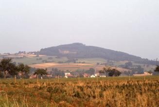 Blick über eingezäunte Felder im Vordergrund auf einen Berg, dessen Kuppe und rechte Seite bewaldet ist. Auf den übrigen Flächen des Berges verteilen sich Äcker. Im Wald links der Bildmitte, unterhalb der Bergkuppe, befindet sich ein Steinbruch.