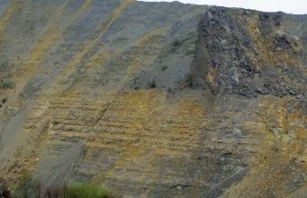 Ausschnitt aus einer Abbauwand in einem Steinbruch. Das anstehende Gestein ist in der oberen Hälfte dunkelgrau und in der unteren Hälfte schmutzig gelb. Vor allem im unteren Bereich ist eine horizontale Schichtung zu erkennen.