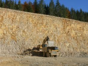 Ca. 40 m hohe Abbauwand eines Steinbruchs. Das Gestein ist hell und leicht gelblich angewittert und wird gerade durch einen Bagger in der Bildmitte abgebaut. Über der Wand wachsen Bäume.