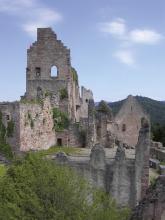 Blick auf eine Burgruine mit erhöht stehendem Haupthaus links und kleinerem Nebengebäude sowie einem Vorplatz rechts. Die Mauern der Burg sind aus rötlich grauem Gestein.