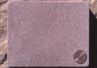 Blick auf eine rötlich graue, rechteckige Gesteinsplatte mit feinkörniger Oberfläche. Rechts unten dient eine aufgelegte Cent-Münze als Größenvergleich.