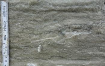 Nahaufnahme von hellgrauem Gestein mit dunkleren, waagrechten Streifen und Schattierungen. Rechts sind zudem weißliche Kristalle erkennbar. Links ist ein Maßstab angebracht.