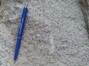 Das Bild zeigt einen rot gesprenkelten Sandstein mit einem blauen Kugelschreiber auf der linken Bildseite als Maßstab.