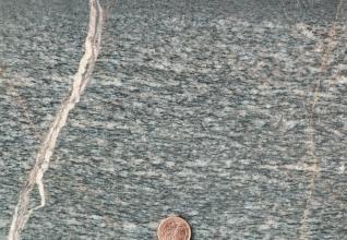 Nahaufnahme einer graublauen Gesteinsoberfläche, durchsetzt mit helleren Stellen. Links verläuft ein weißlicher, leicht gebogener Streifen im Stein, rechts ein ganz dünner. Unten am Bildrand dient eine Cent-Münze als Größenvergleich.