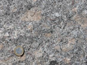 Nahaufnahme einer glitzernden, kristallinen Gesteinsoberfläche. Farbe hell- bis dunkelgrau, mit bräunlichen Einschlüssen. Links unten dient eine Euro-Münze als Größenvergleich.