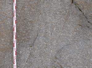 Nahaufnahme einer grauen Gesteinsoberfläche, die von mehreren feinen, teils schräg, teils waagrecht verlaufenden Bruchlinien durchzogen ist. Links dient ein Maßband als Größenvergleich.