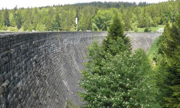 Das Foto zeigt eine hohe, im Bogen nach rechts verlaufende steinerne Staumauer aus dunkelgrauem Mauerwerk. Im Vordergrund rechts ein paar Nadelbäume, im Hintergrund bewaldete Höhen.