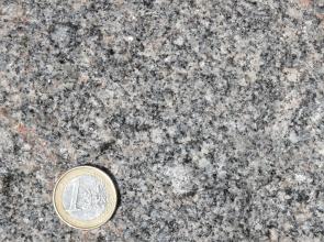 Nahaufnahme einer kristallinen Gesteinsoberfläche, hellgrau bis dunkelgrau, mit wenigen bräunlichen Stellen. Links unten dient eine Euro-Münze als Größenvergleich.