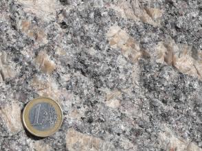 Nahaufnahme einer kristallinen Gesteinsoberfläche, Farbe grau mit größeren hellbraunen Einschlüssen. Links unten liegt eine Euro-Münze.