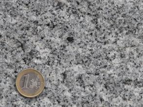 Nahaufnahme einer körnigen grauen Gesteinsoberfläche mit helleren und dunkleren Stellen. Links unten liegt eine Euro-Münze.