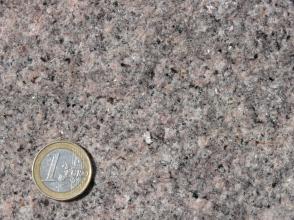 Nahaufnahme einer kristallinen, rötlich grauen Gesteinsoberfläche. Links unten dient eine Euro-Münze als Größenvergleich.
