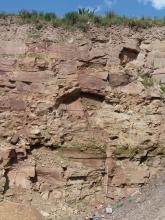 Blick auf eine hohe Steinbruchwand mit mehrheitlich dickbankigen Lagen, hellgrau bis rötlich grau. Unter der bewachsenen Kuppe liegt eine dünne, scherbige Schicht. Rechts, am Fuß der Wand, liegt Abraum.