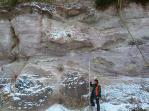 Blick auf eine massige Gesteinswand, rötlich grau bis violett, mit Bewuchs am oberen Rand. Ein Mann mit Warnweste hält rechts der Bildmitte einen Meterstab an das Gestein.