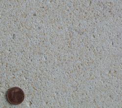 Nahaufnahme einer hellgrauen Gesteinsoberfläche mit kleinen gelblichen Einschlüssen. Links unten liegt eine Cent-Münze.