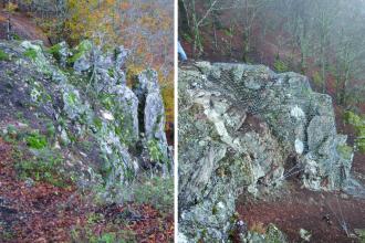 Zweigeteiltes Foto, das links geöffnete Felsklüfte an einem steilen Waldhang zeigt. Rechts sind die später mit Stahlseilen und Netzen gesicherten Felsen zu sehen.