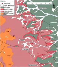Blick auf eine geologische Karte der Region Sulgen mit der Lage von stillgelegten und betriebenen Steinbrüchen, dargestellt als kleine rote Quadrate.