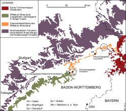 Vereinfachte Geologische Karte, auf der die Verbreitung verschiedener Gesteinsarten, wie zum Beispiel Eisensandstein, im Raum Tübingen–Stuttgart–Aalen dargestellt ist.