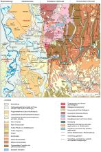 Farbig angelegte geologische Karte des südlichen Odenwalds und angrenzender Regionen. Zu finden sind unter anderem Heidelberg-Granit und Tromm-Granit.