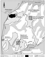 Geologische Karte des westlichen Kaiserstuhls, in Schwarzweiß, mit eingezeichneten Erkundungsgebieten und Steinbrüchen.